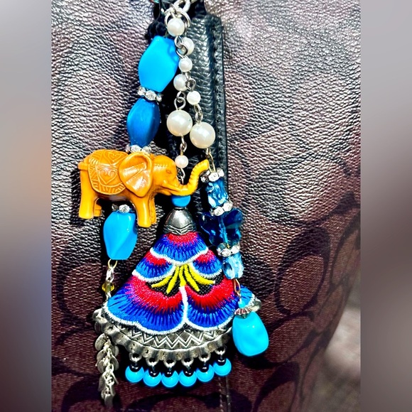 Elephant charm for bag backpack purse upcycled jewelry Blue and Silver Accents - Picture 1 of 7